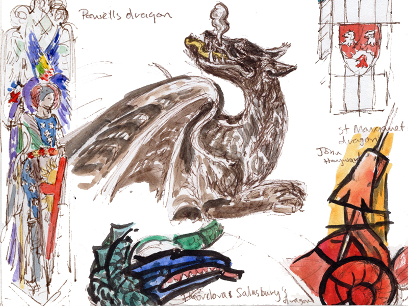 Rachel Mulligan stained glass artist, Surrey. Sketches of dragons